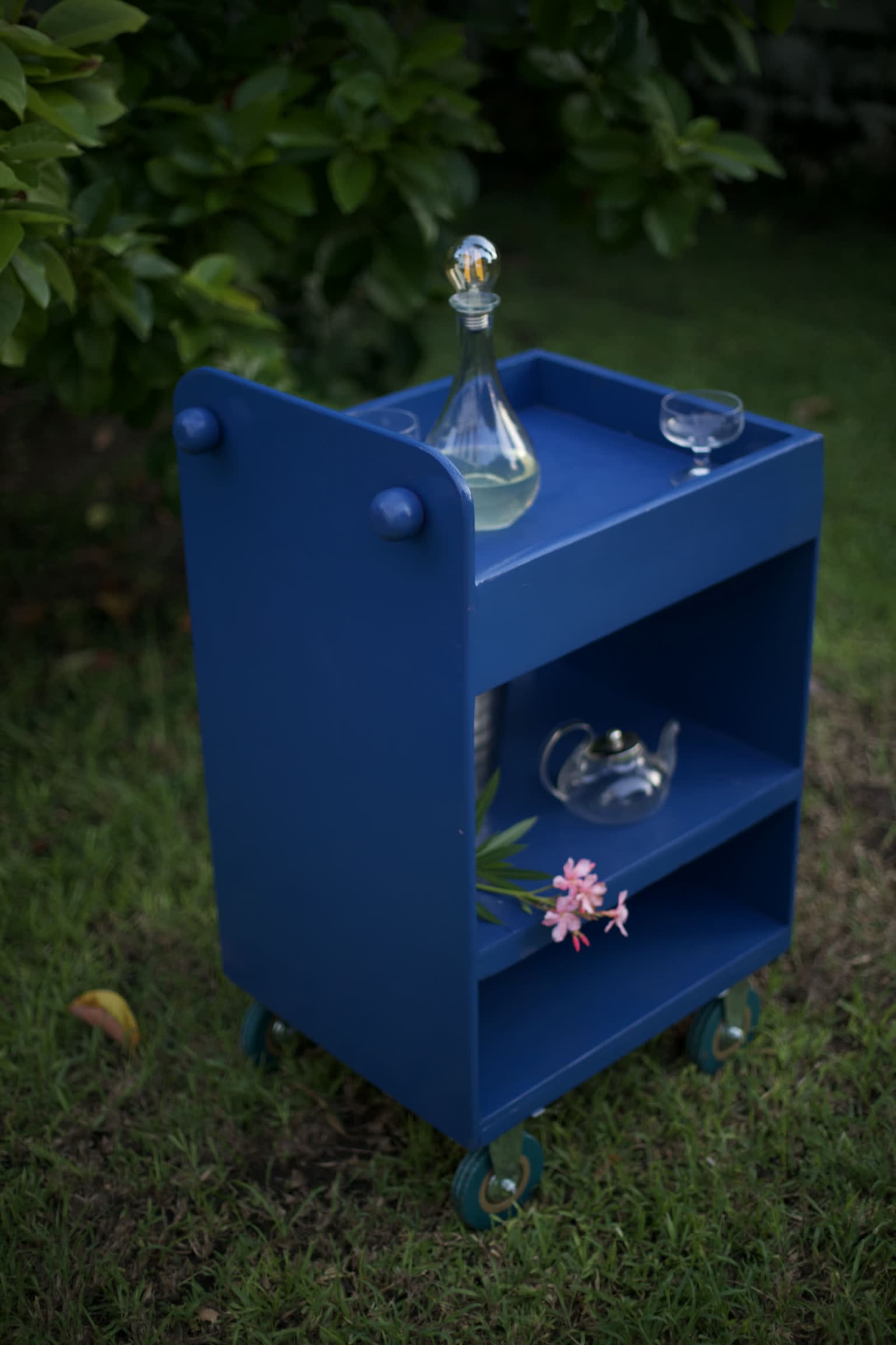 The Sankofa Project — reclaimed bar cart repainted in deep blue